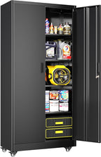 Greenvelly Metal Storage Cabinet with Wheels, 73” Black Metal Rolling Garage Cabinet with 2 Door and Adjustable Shelves,Locking Storage Cabinets for Garage Home Office Utility Room