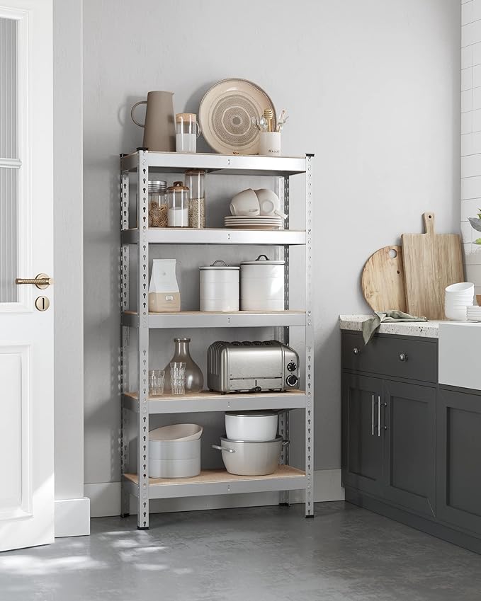 SONGMICS 5-Tier Storage Shelves, Load 2310 lb, Garage Storage, Boltless Assembly, Adjustable Shelving Unit, 11.8 x 29.5 x 59.1 Inches, for Study Shed Basement, Silver and Natural Beige UGLR300E01