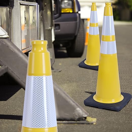 OrangeStar 6-Pack 36" Yellow Traffic Cones with Weighted Rubber Base, 2 Reflective Collars, Large Safety Cones for Parking Lot, Road Construction, Warehouse, Highway, Weatherproof PVC