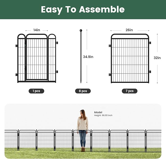 32 in(H) Decorative Garden Fence Outdoor for Yard with Gates,Heavy Duty Iron 8 Panels Total 17.3ft(L) Anti Dig Fence with Gravity Automatic Lock for Indoor/Outdoor Decorative Dog Fence,Black