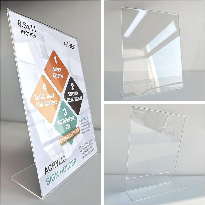NIUBEE 12Pack Slanted Back Acrylic Sign Holder 8.5x11, Clear Vertical Picture Frames Frames, Desktop Flyer Holder Document Holder Paper Display Stand