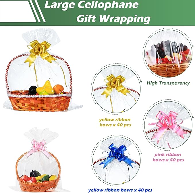 120 Packs Large Clear Cellophane Bags 14x20 18x24 24x30 Inches Jumbo Gift Basket Wraps Extra-large Clear Plastic Bags for Fruit Basket, Gift Wrap, Treats, Arts and Crafts, 120 pcs Pull Ribbon Bow Ties