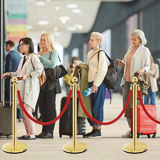 Stanchion Set, Gold Stanchion and Velvet Ropes with 8 Pcs Stainless Steel Posts and 6Pcs Red 5FT Ropes Crowd Control Barrier for Events, Weddings, Theaters, VIP Lines, Queue Management