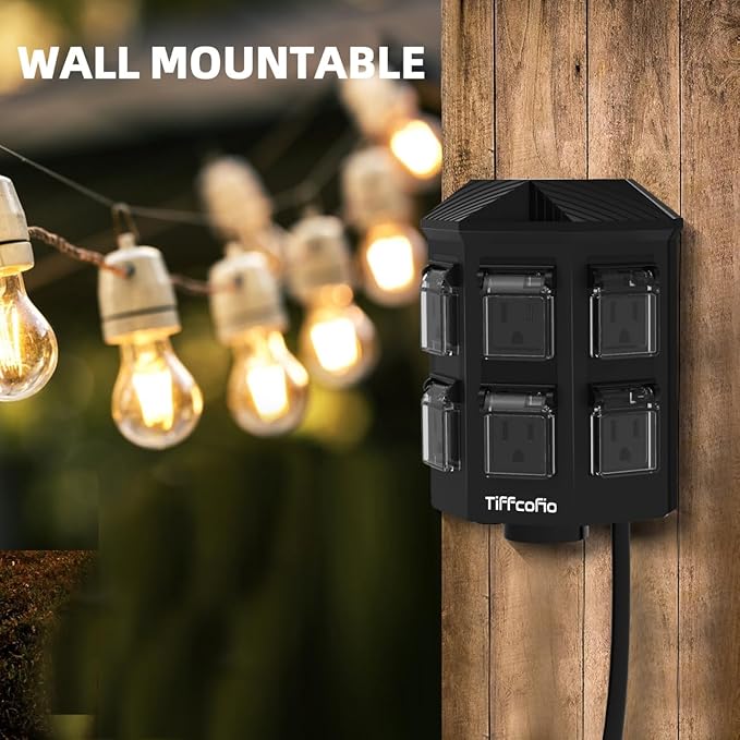 TiFFCOFiO Outdoor Power Strip with Stake Waterproof, 10 FT Extension Cord, 6 Grounded Outlets for Outdoor Lights, 14 AWG, 15A/1875W, ETL Listed (40 FT)