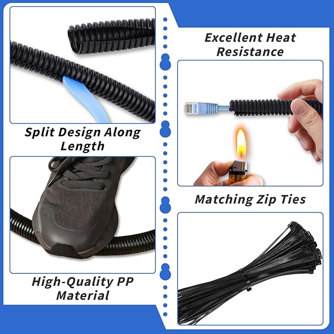 250FT Split Wire Loom Tubing, 1/4 Inch Wire Protector Tubing, Automotive Wire Flexible Conduit Cord Covers with 20 Cable Ties for Automotive Marine RV Agriculture Electrical Cable Protection