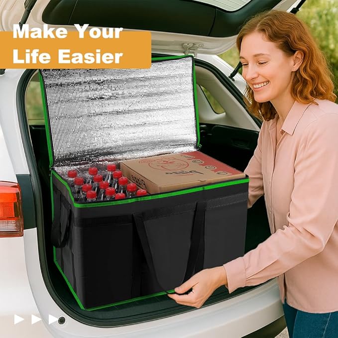 mosago Insulated Food Delivery Bag - Reusable Thermal Cooler Grocery Bags for Catering & Delivery, Pizza Carrier for Events, Large Capacity Bag Keeps Food Hot/Cold (Black with Green Trim, with Base)