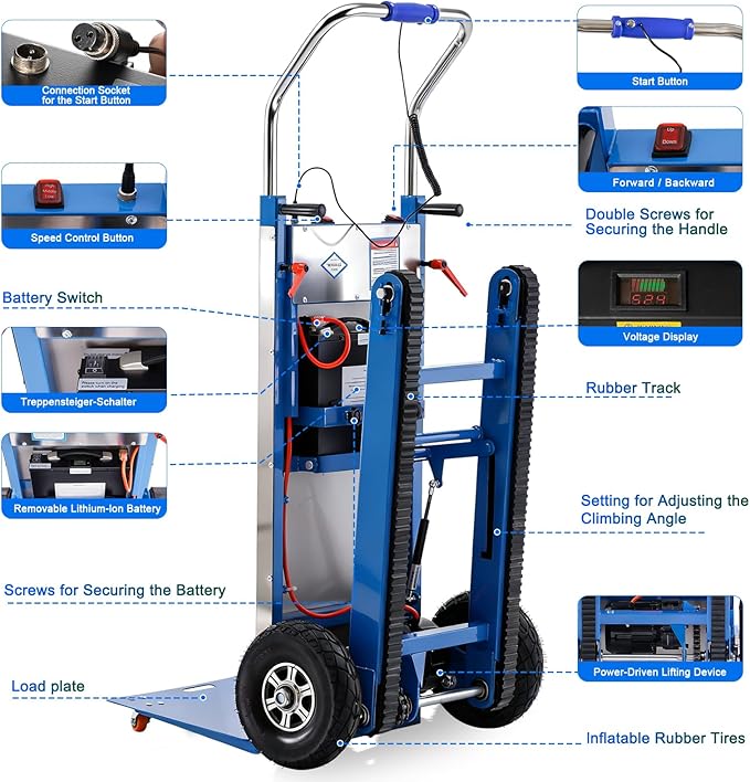 Electric Stair Climbing Dolly, 1250W Electric Stair Climbing Hand Truck, 900lbs Max Load Capacity, 3 Mode Folding Stair Climber Hand Trucks with Telescopic Handle for Moving (Blue+Black/Big Wheels)