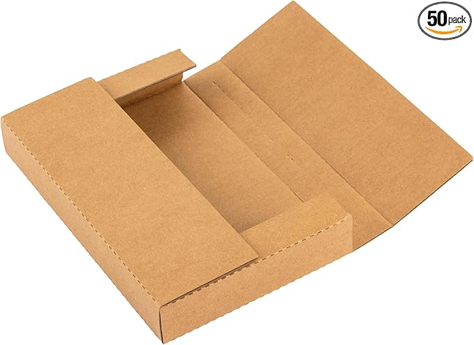 50 Pack 9x6x1.3 inch Shipping Boxes, Easy-Fold Multi-Depth DVD Mailer Box with Fragile Stickers for Mailing, Storing, Package, Gifts, Crafts, Business or Home, Brown