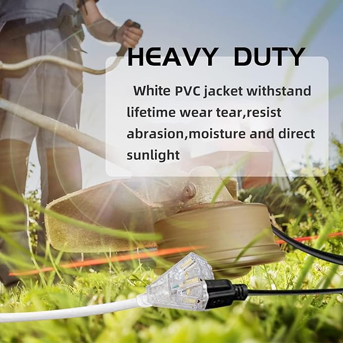 3-Outlets Indoor Outdoor Extension Cord Weatherproof with Lighted End, UL Listed, 14 Gauge 15FT White 3 Prong Heavy Duty, 14/3 SJTW 15A Power Cord