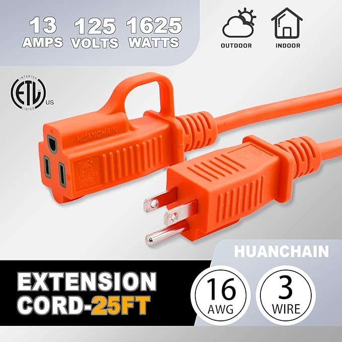 HUANCHAIN Indoor Outdoor Extension Cord 25 ft Waterproof, 16/3 Gauge Flexible Cold-Resistant Appliance Extension Cord Outside, 13A 1625W 16AWG SJTW, 3 Prong Electric Cable Orange, ETL