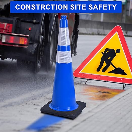 OrangeStar 36" Traffic Cones 4-Pack Blue Safety Cones with Reflective Collars, Heavy Duty Base for Construction, Parking Lot, Road Work, Flexible PVC, Indoor & Outdoor Use