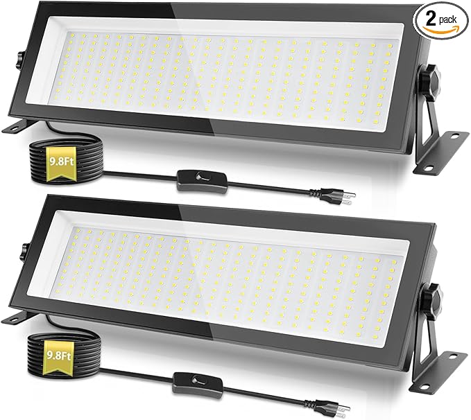 FastDeng 2 Pack LED Shop Lights, 150W 18000lm 5000K Daylight LED Garage Light, IP66 Waterproof Outdoor Flood Light with US Plug 10FT Cord and Switch for Workshop Yard Factory Warehouse