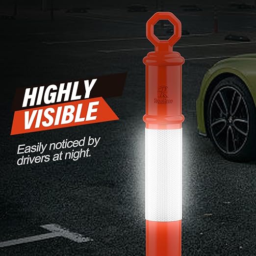 RoadHero 45 Inch Delineator Post with Base, Portable Orange Traffic Delineator Posts Cones with Reflective Collars for Parking Lots, Road Safety, Construction Events 6 Pack