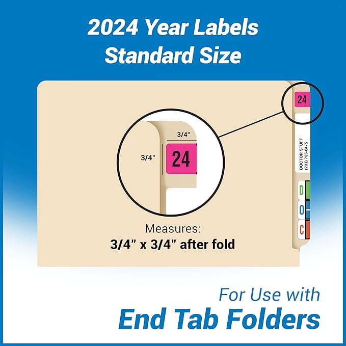 2024 Year Labels, Doctor Stuff 2024 Chart Stickers, Fluorescent Pink Color Coded, USA Made Year Stickers for End Tab File Folders, 500 Labels per Roll, 1 Roll, 3/4" x 1-1/2"