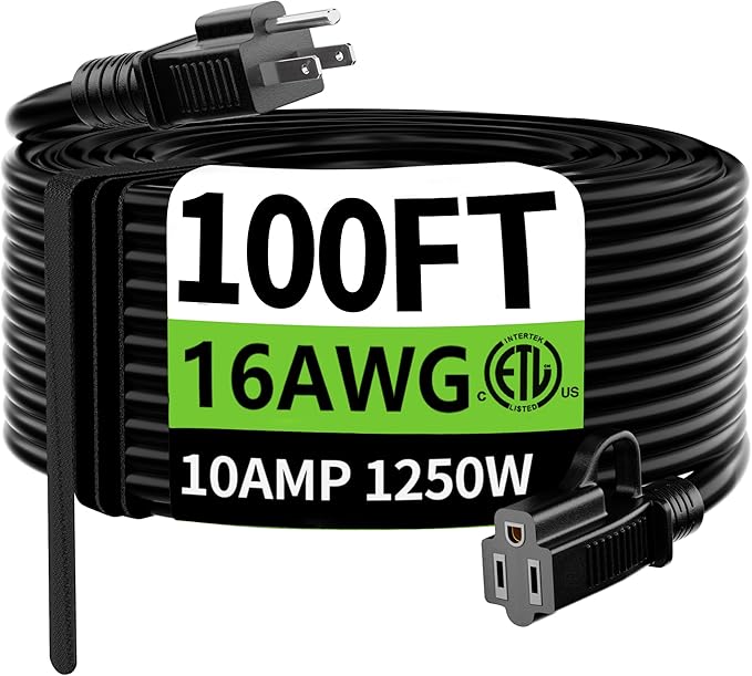 HUANCHAIN Indoor Outdoor Black Extension Cord 100 ft Waterproof, 16/3 Gauge Flexible Cold-Resistant Appliance Extension Cord Outside, 10A 1250W 16AWG SJTW, 3 Prong Electric Cable, ETL