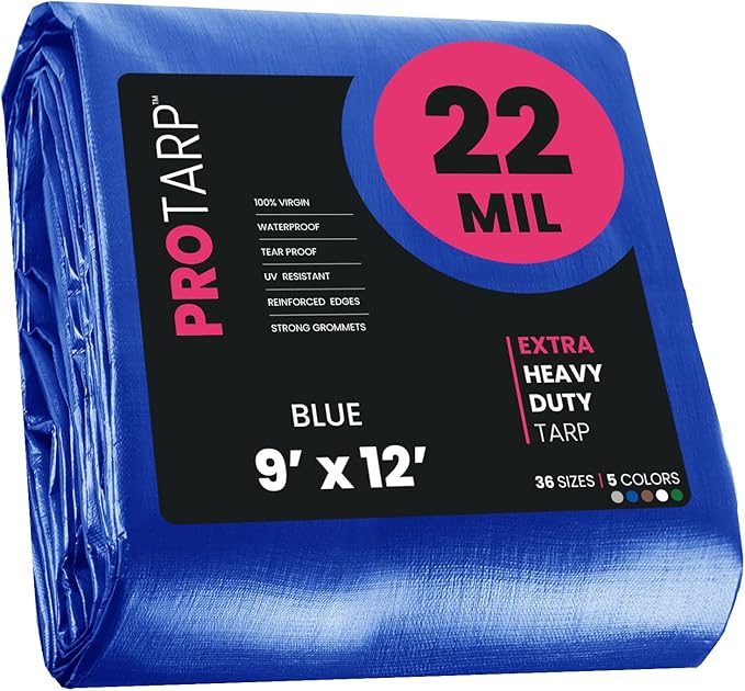 PROTARP Extreme Heavy Duty 22 Mil Tarp Cover, Waterproof, UV Resistant, Rip and Tear Proof, Poly Tarpaulin with Reinforced Edges for Roof, Camping, Patio, Pool, Boat. (Blue 9′ X 12′)