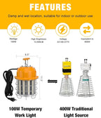 LED Temporary Work Light 100W with 15FT Cord, LED Construction Lights 12,000lm 5000K Daylight Stainless Steel Guard Portable Hanging Work Lighting Workshop Jobsite Light Outdoor