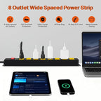 ANNQUAN Metal 8 Outlet Mountable Power Strip with 1200J Surge Protector,Wall Mount Heavy Duty Long Power Strip,Wide Spaced Outlet with Switch,6FT Cord