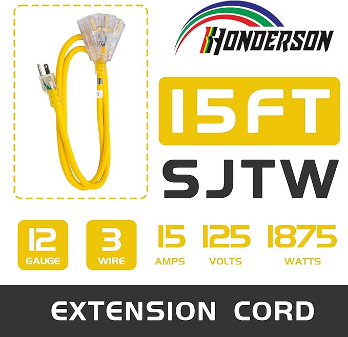 3-Outlets Indoor Outdoor Extension Cord Weatherproof with Lighted End, UL Listed, 12 Gauge 15FT Yellow 3 Prong Heavy Duty, 12/3 SJTW 15A Extension Cord