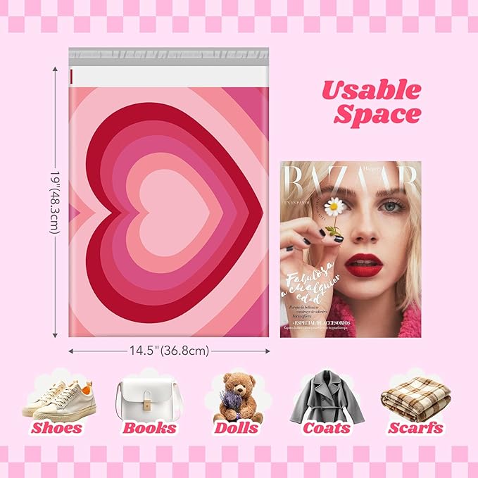 Metronic Poly Mailers 14.5x19 Inch 50pc Pink Love Heart, Waterproof Self-Seal Large Shipping Bags for Clothes, Cute Shipping Envelopes Mailers Poly Bags for Valentine's Day Packaging Mailing Gifts