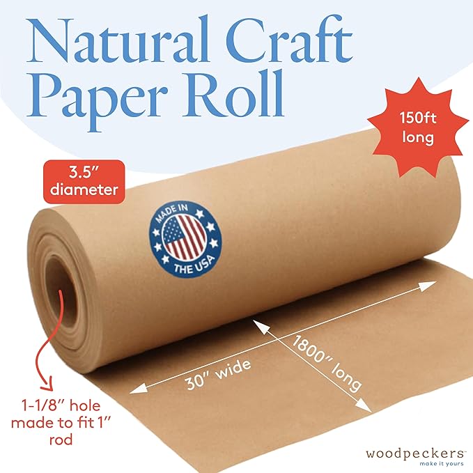 Brown Craft Paper Roll 30 inch Wide, 1800 inch Long, 1 Roll, Jumbo Roll for Eco Friendly Christmas Gift Wrapping Paper and Packing Paper, by Woodpeckers