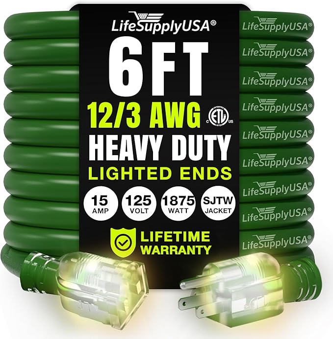 6ft Outdoor/Indoor Extension Cord 12/3 Gauge Extra Heavy Duty 3 Prong SJTW, Waterproof, ETL Listed, Flexible Cold-Resistant Long Power Cord,15A 125V 1875W, Green by LifeSupplyUSA