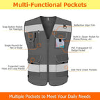 TCCFCCT Mesh Hi Vis Vest 9 Pockets High Visibility Reflective Safety Vest for Men Women, Safety Construction Vest with Reflective Strips, Meets ANSI/ISEA Standards, (Grey, Medium)