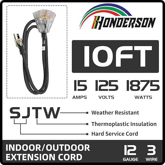3-Outlets Indoor Outdoor Extension Cord Weatherproof with Lighted End, UL Listed, 12 Gauge 10FT Black 3 Prong Heavy Duty, 12/3 SJTW 15A Power Cord