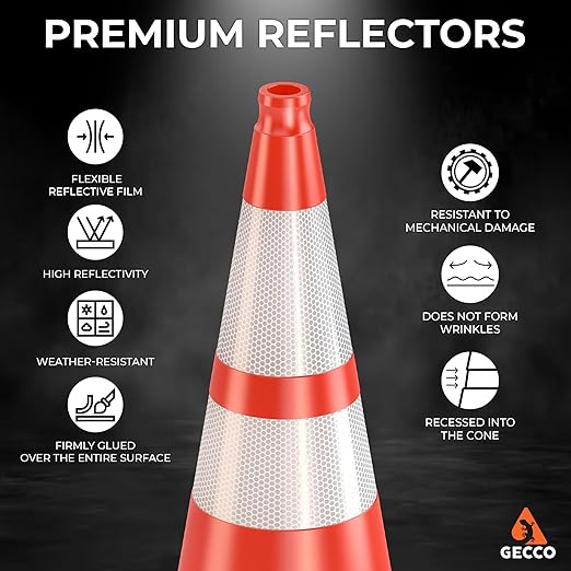 GECCO ™ (6 Pack) 28 Inch 7 Lb Heavy Duty Orange Traffic Cones Set | Durable Safety Cones, Orange Cones, Parking Cones, Construction Cones, Road Cones | PVC Plastic & Black Base - [PRO Series]