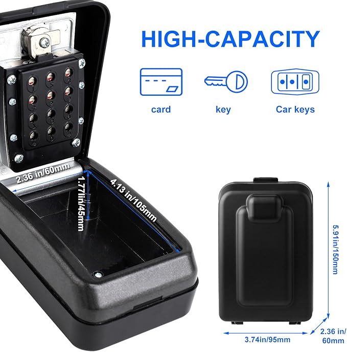 Key Lock Box, 12-Digit Code, Weatherproof Wall Mount, Large Capacity 5-8 Keys, Aluminum Alloy (Black, 3.58 * 2.24 * 5.28IN)