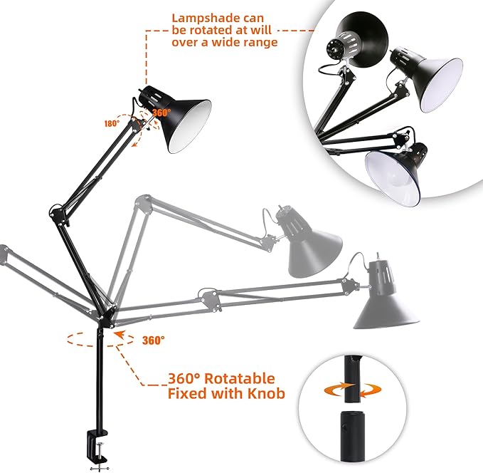 Hypool Desk Lamp w/A19 E26 LED Bulb for Home Office Eye-Caring Metal Extra Tall Swing Arm High Intensity Clamp Flexible Gooseneck Side Table Working Reading Computer Workbench 5000K White Light