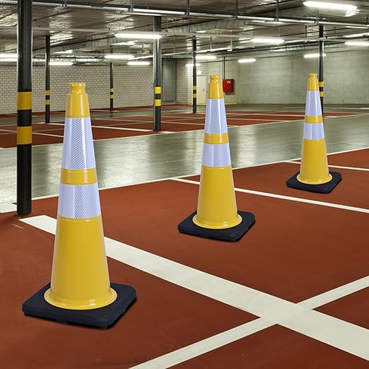 6 Pack 28 Inch Yellow Reflective Traffic Cones, Heavy Duty Black Base Safety Cones for Work Zones, Roadside Assistance and Maintenance Areas (6, Yellow, 28 Inch)