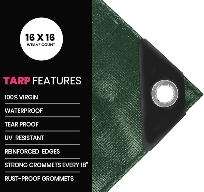 PROTARP Extreme Heavy Duty 22 Mil Tarp Cover, Waterproof, UV Resistant, Rip and Tear Proof, Poly Tarpaulin with Reinforced Edges for Roof, Camping, Patio, Pool, Boat. (Green/Black 20′ X 40′)
