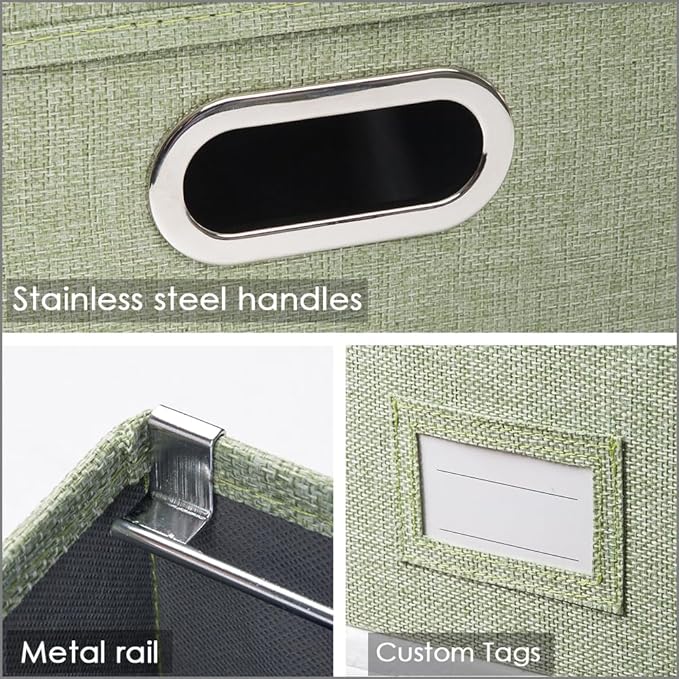 PRANDOM File Organizer Box - Set of 2 Collapsible Decorative Linen Filing Storage Hanging File Folders with Lids Office Cabinet Letter/Legal Size Green 17x14x11.2 inch