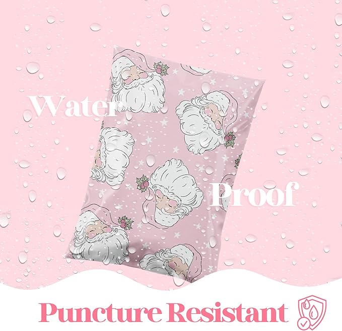 10x13 Designer Christmas Holiday Poly Mailer 100 Pack Heavy Duty Waterproof Self Seal Shipping Bags Large Mailing Envelopes Bulk Tear Resistant Cute Packaging Pink Santa