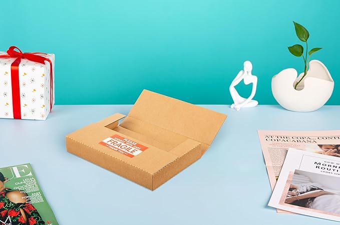 50 Pack 9x6x1.3 inch Corrugated Cardboard Boxes, Multi-Depth CD DVD Shipping Boxes with Fragile Stickers for Mailing, Storing, Packaging, Brown