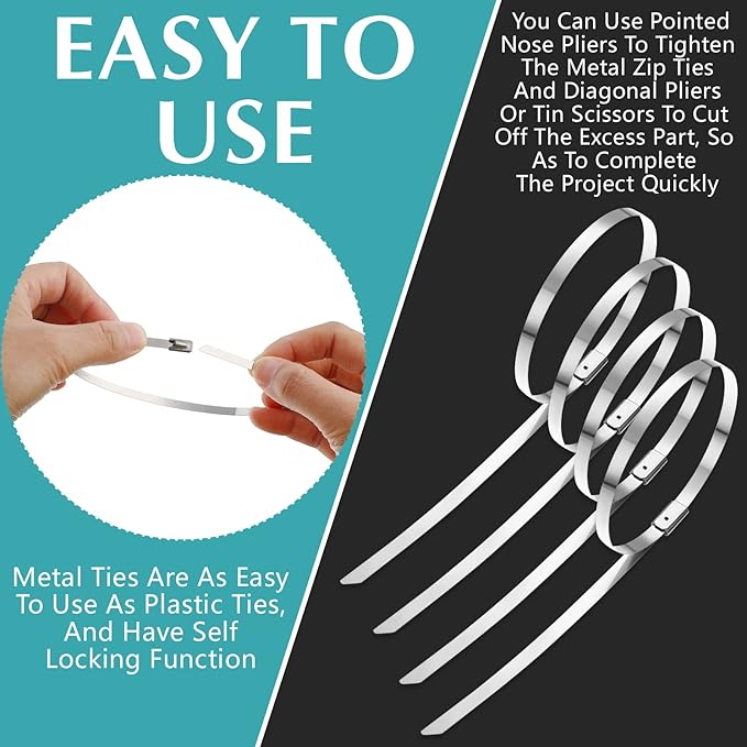 LEIFIDE 500 Pcs Metal Zip Ties 304 Stainless Steel Zip Ties Heavy Duty Self Locking 220 Pound Tensile Strength Cable Suitable for Exhaust Wrapping Fence Outdoor Workshop Canopy(9.8 Inch)