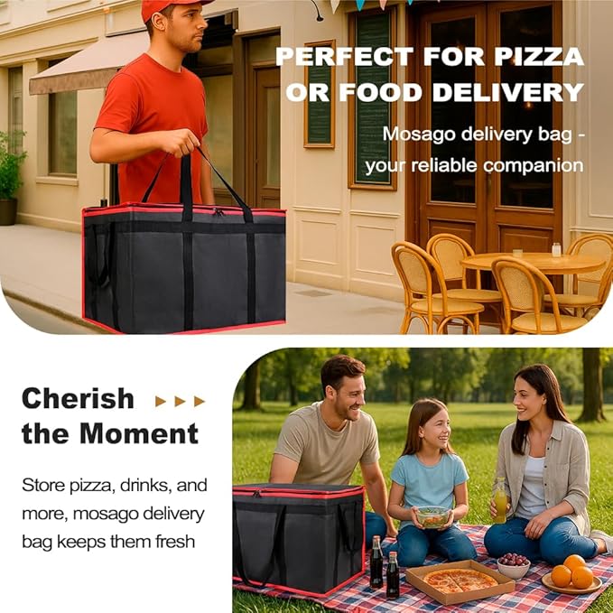 mosago 2PK Insulated Food Delivery Bag - Reusable Thermal Cooler Grocery Bags for Catering & Delivery, Pizza Carrier for Events, Large Capacity Bag Keeps Food Hot/Cold, Commercial, Black with Red Trim