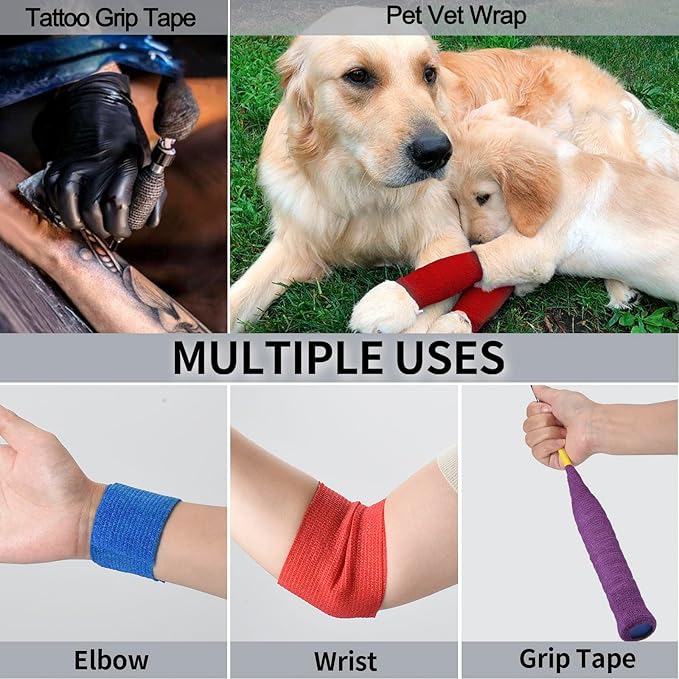 24 Pack Self Adherent Cohesive Wrap Bandages Non Woven Cohesive Bandage Elastic Self Adhesive Bandage Wrap Sports Athletic Tape First Aid Tape for Wrist Ankle Pet Vet Wrap Grip Cover 2 inch (Black)