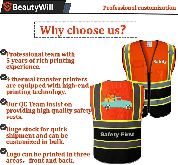 10 Pack Custom Safety Vest Customized Logo Mesh Vest Class 2 High Visibility Reflective Vest with Pockets Workwear（Orange Black，M ）