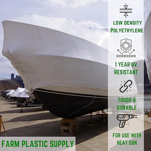 Farm Plastic Supply Polyethylene Plastic Shrink Wrap - 7 mil – Boat Shrink Film for Heat Gun, Industrial Shrink Wrap, Plastic Sheeting for Storage & Protection (White, 14' x 25')