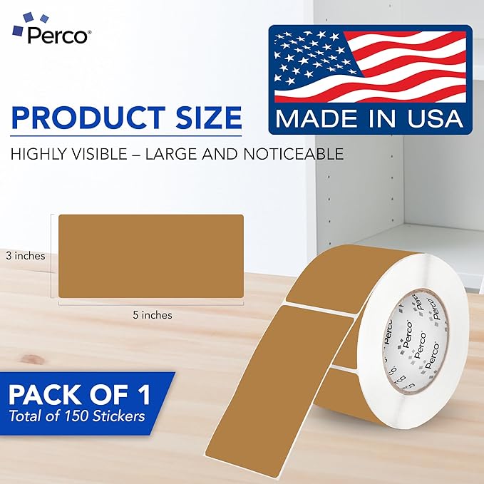Perco Kraft Brown 3x5 Inch Perforated Sticker Labels — 500 Stickers/Roll — Natural, Cardboard-Like Surface with Permanent Adhesive for Product Labeling, Packaging, Crafting, DIY Projects — Made in USA