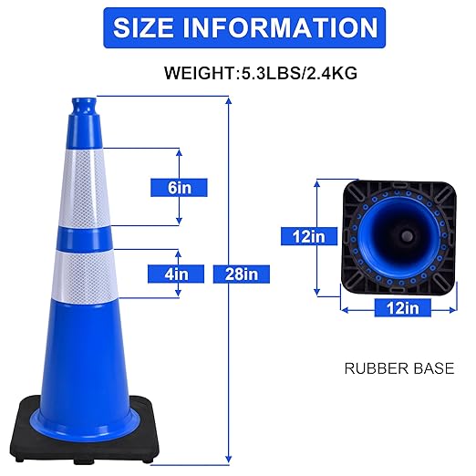 OrangeStar 6-Pack 28" Traffic Cones, Blue Safety Cones with Reflective Collars, Heavy Duty Base for Construction, Parking Lot, Road Work, Flexible PVC, Indoor & Outdoor Use
