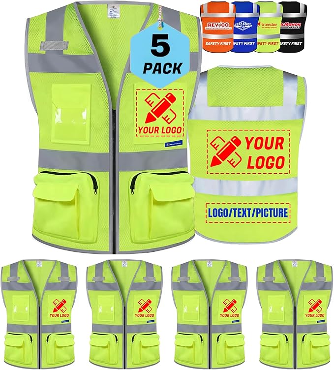 BeautyWill Custom Logo 5 Pack Safety Vest Mesh High Visibility Reflective Vest Customized Logo Utility Zipped Pockets Construction Workwear （Yellow,XL）