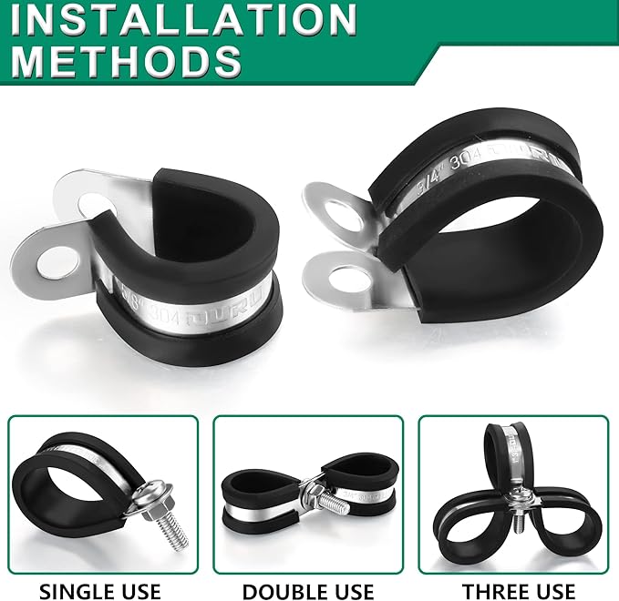 50PCS Cable Clamps with Screws Assortment Kit 304 Stainless Steel Rubber Coated Cushioned Insulated Cable Clamp,Automotive Wire Pipe Clamps 7 Sizes—1/8" 3/16" 1/4" 5/16" 3/8" 1/2" 3/4"