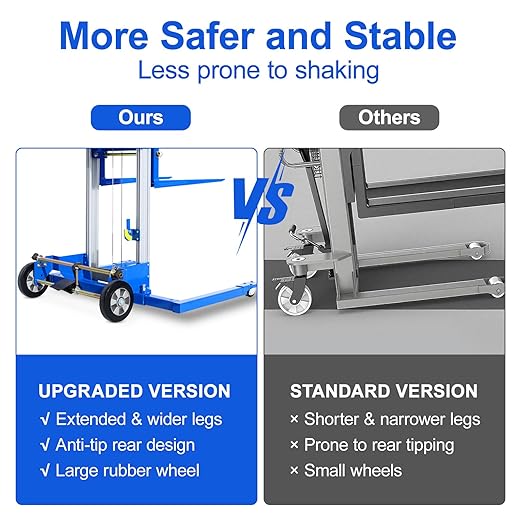 122" Material Lift Winch Stacker, 400 lbs Capacity Manual Material Lifts, Adjustable Straddle Material Lifter, Hand Winch Lift Trucks for Warehouse, Factory, Lightweight, 42.90" L x 43.30" W