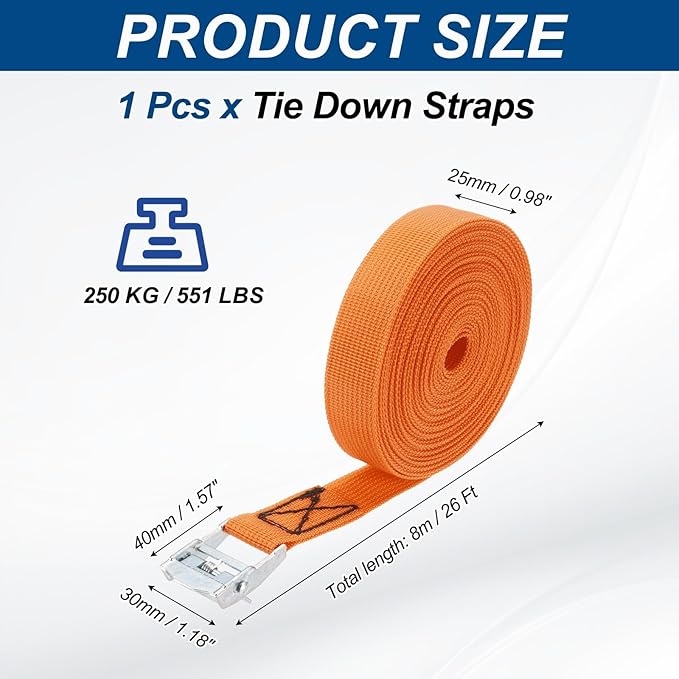 PATIKIL Lashing Straps 1" x 26 Ft, Tie Down Strap Cam Buckle Adjustable Ratchet Straps 551 lbs for Cargo Trucks Motorcycle Luggage, Orange