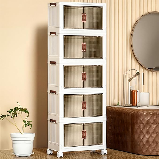 4 Tier Plastic Stackable Storage Bins and Boxes Organizer, Foldable Containers, Stackable Closet Organizers, Collapsible Boxes, White (4 Tier, 23.6″)