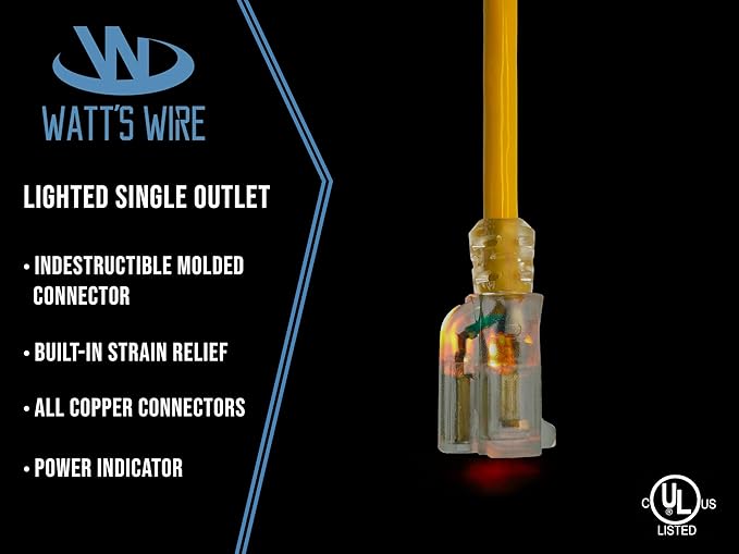10 ft Outdoor Extension Cord Waterproof - 12 Gauge Heavy Duty Extension Cord 10 ft - Lighted Outdoor Extension Cords - Watts Wire - 10' Grounded