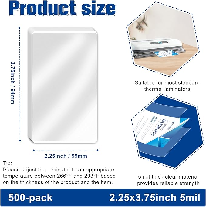 500 Pack 5mil 2.25“x3.75" Thermal Laminating Pouches Badge Laminate Pouches Clear Laminated Luggage Tags Printable Laminator Pouches for Business Permits Cards (500, 2.25“x3.75"-5mil)